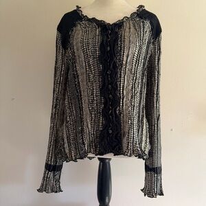 Alberto Makali Black & Cream Ruffle-Front Long Sleeve Blouse